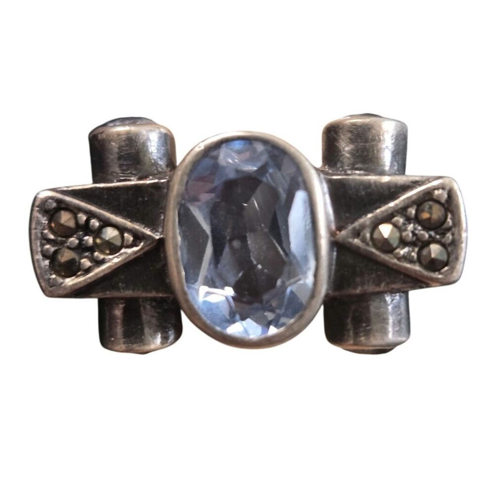 Vintage Blue Topaz & Marcasite Sterling Silver Ring Sz 8